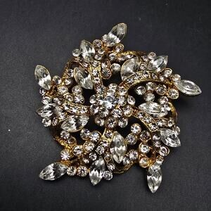 Clear Rhinestone Pin Wheel Brooch Gold Tone Vintage Glam Costume Jewelry